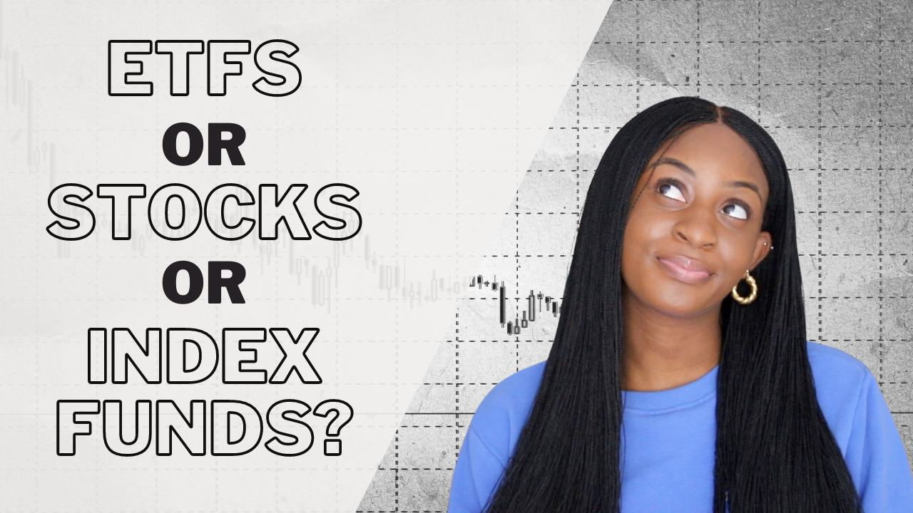 woman looking up confused. Words say etfs or stocks or index funds
